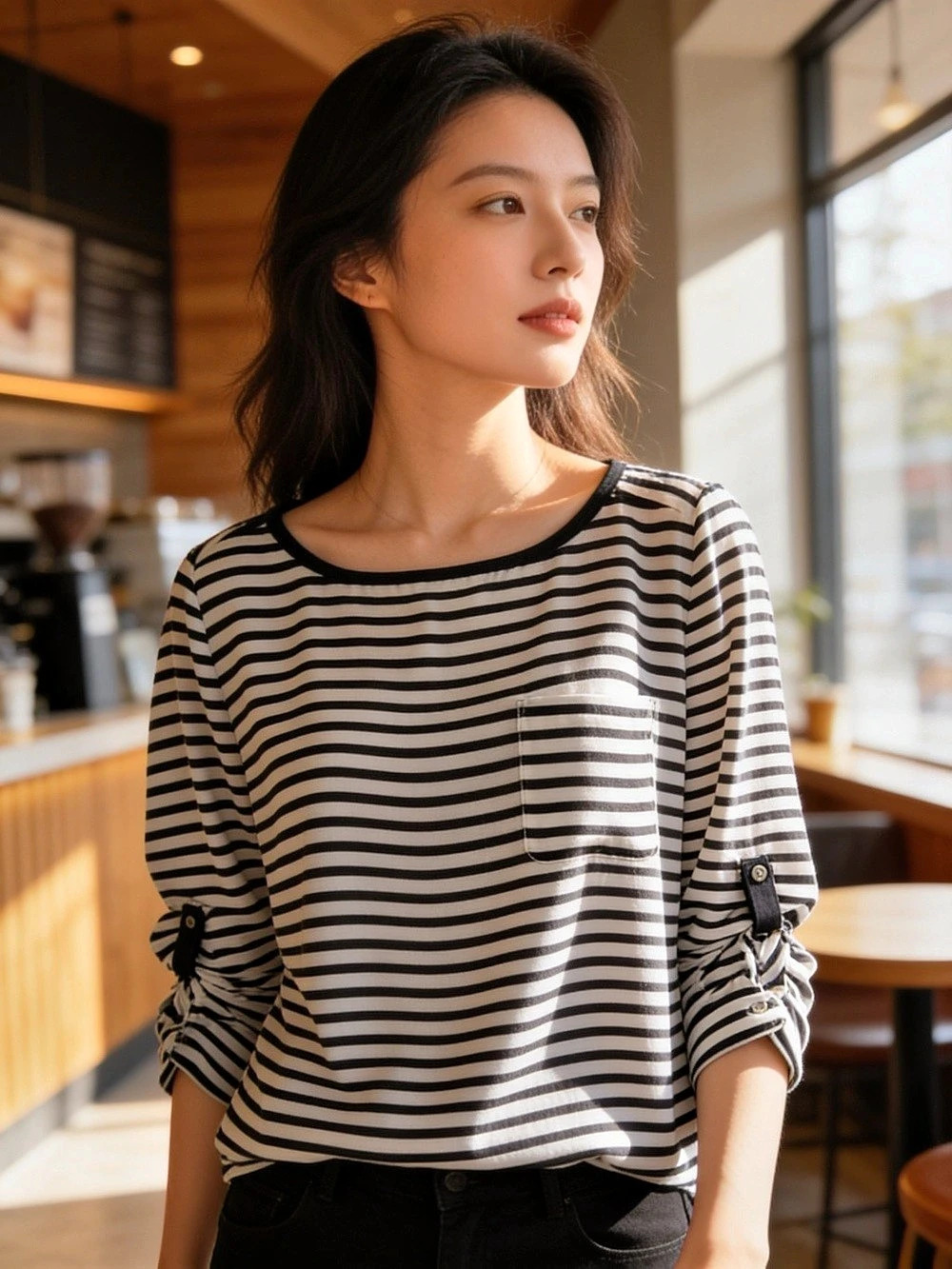 LOFT Striped Roll-Tab Sleeve Pocket Top Striped Tie-Sleeve Blouse White & Navy S